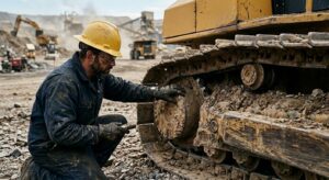 Mecánico inspeccionando el desgaste en el tren de rodaje Caterpillar de un tractor de orugas