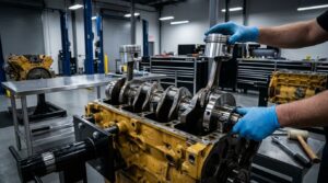 Mecánico realizando overhaul de motor diésel Caterpillar con repuestos críticos nuevos y empaquetaduras