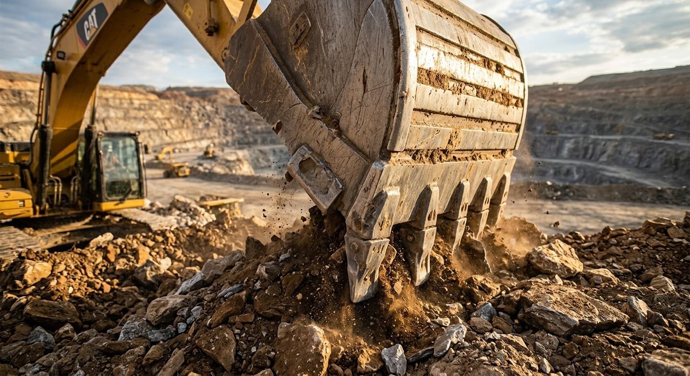 Primer plano de las herramientas de corte y puntas Caterpillar® trabajando en el cucharón de una excavadora minera